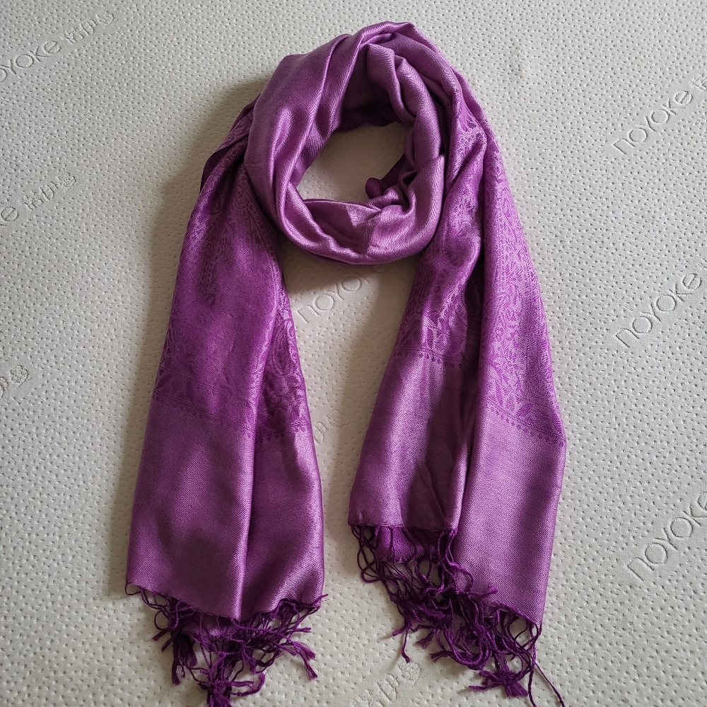 Fringe Trim Reversible Soft Scarf Purple